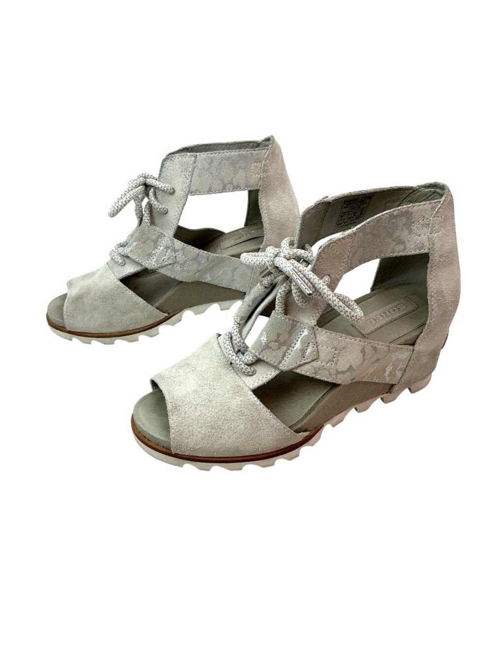Sorel Joanie ll Suede Wedge Lace Sandals Womens 9 Light Gray NL 2451